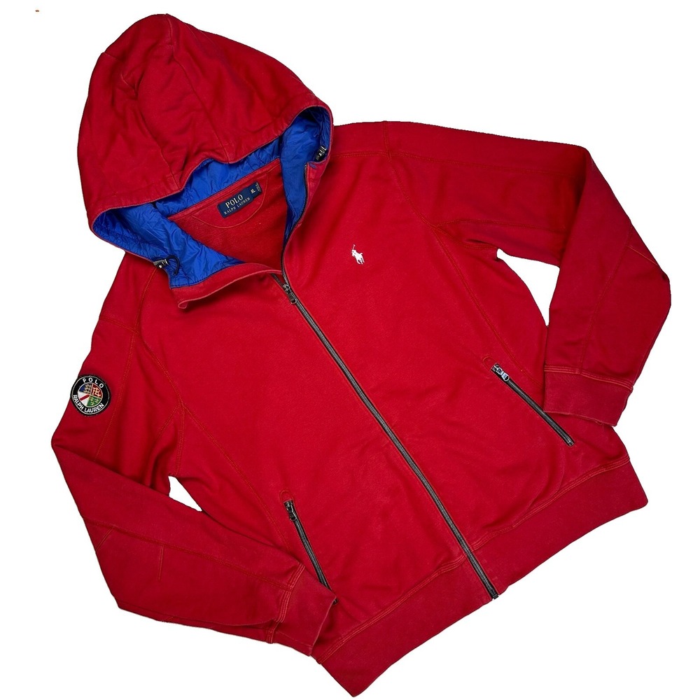 Polo Ralph Lauren Crest Cookie Patch Zip Up Hoodie Jacket Men XL Red